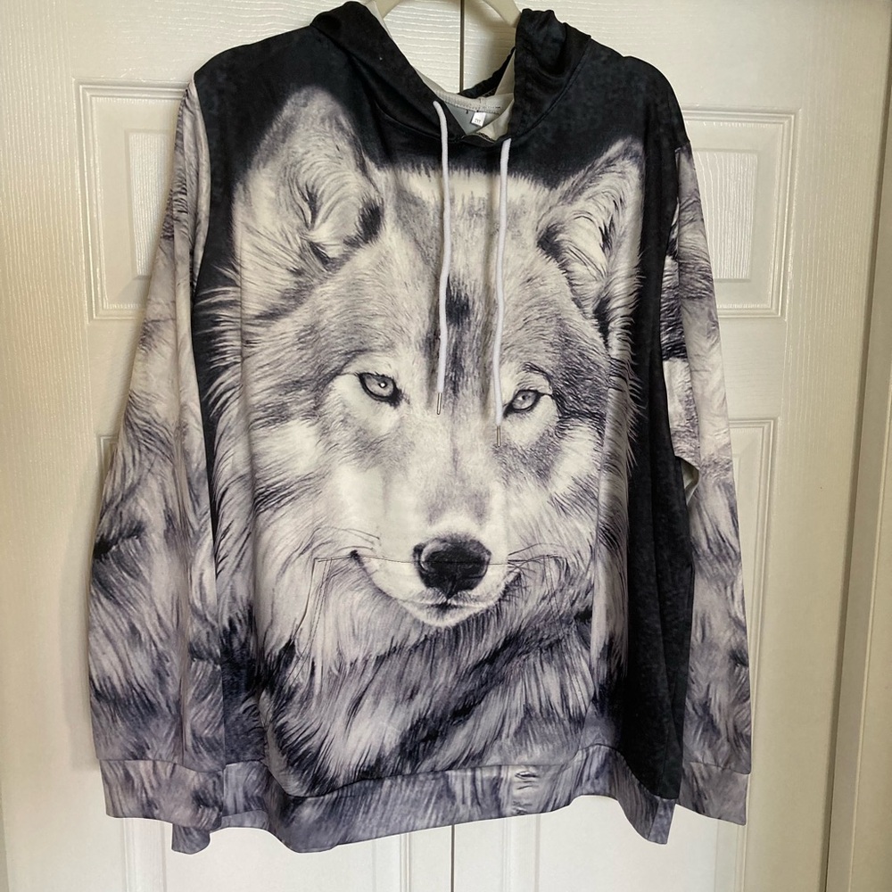 Black and white wolf hoodie wolf pattern long sleeves